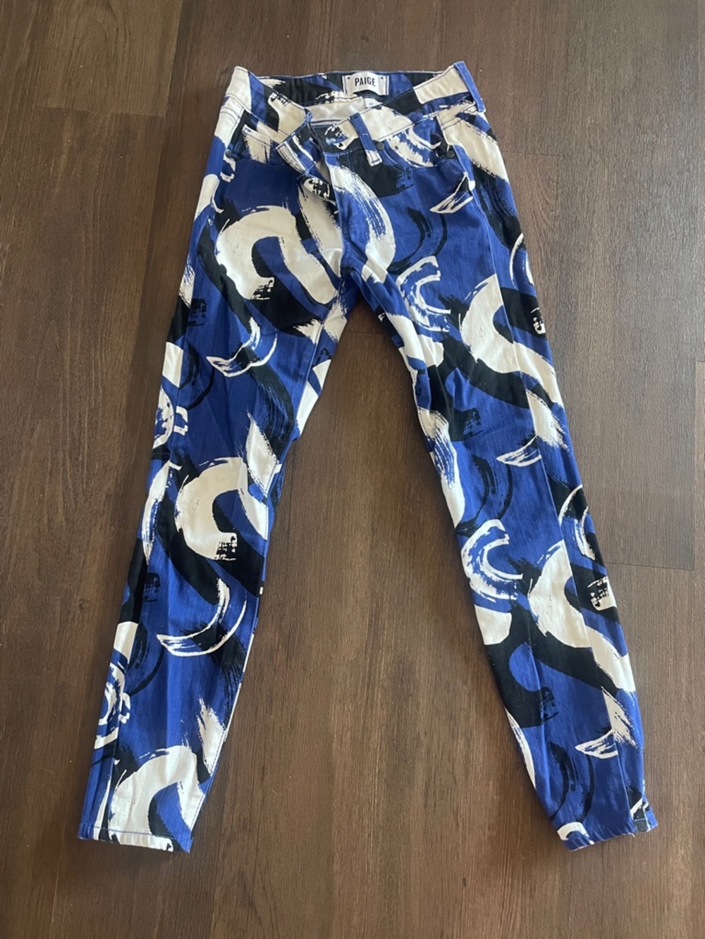 PAIGE Woman Blue, White & Black Abstract Print jeans